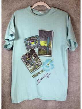 VTG 80's Bold Spirit Hawaii Tropical Holiday Postcard T Shirt Mint Blue  Size M